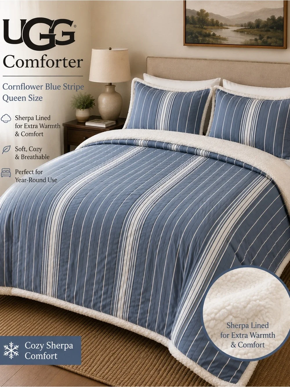 UGG Queen Comforter Set Cornflower Blue Stripe Sherpa Lined Cozy Bedding